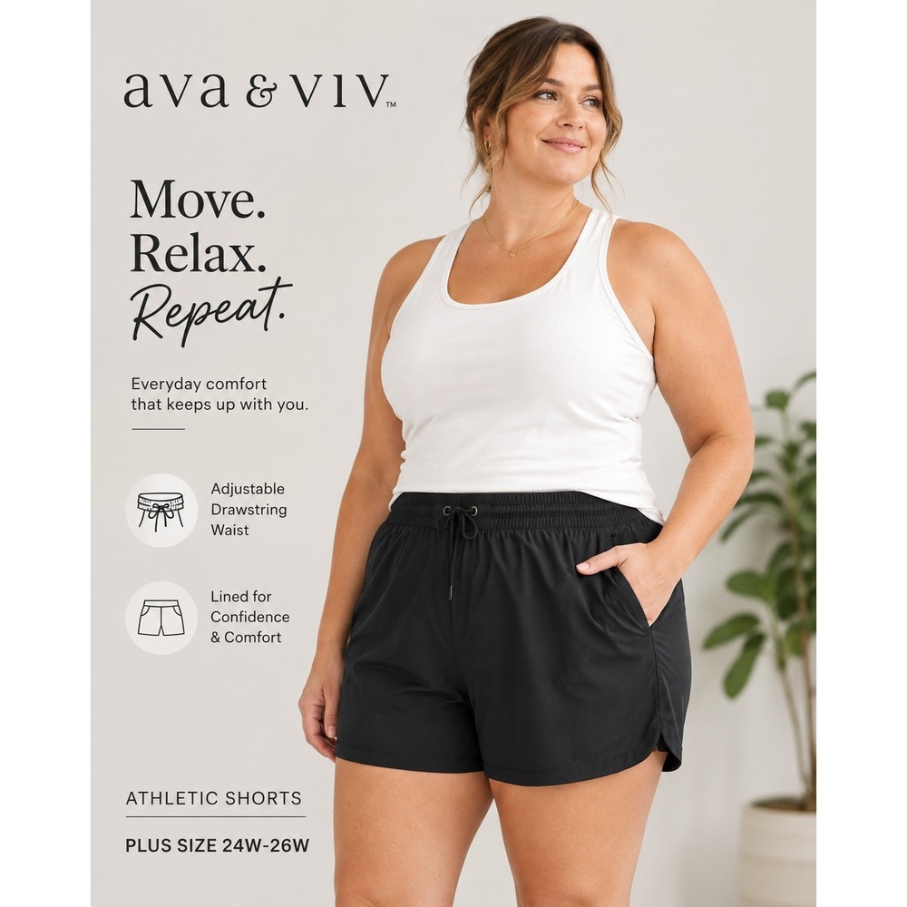 NEW Ava & Viv Black Athletic Shorts Women's Plus Size 24W 26W Drawstring Waist